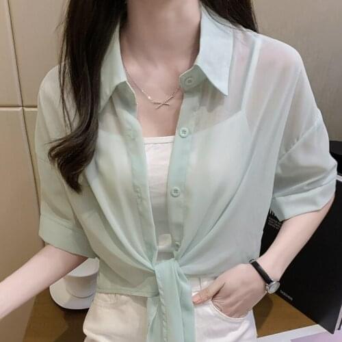 Lace-up thin chiffon sunscreen shirt female plus size 2021 summer new Korean fashion outer cardigan short air-conditioned shirt