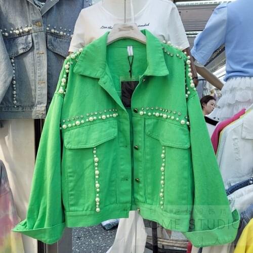 Women Pearl Beaded Jean Jacket Green Color Turn Down Collar Nail Drilling Loose Style Denim Coat New Korean Fashion