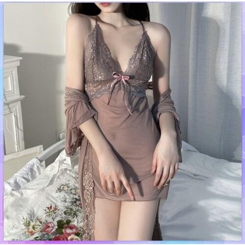 Robes Woman 3 Pc Suit Lace Sexy Pajama Sets Ladies Mesh Peignoirs For Women Nightdress Bathrobe Temptation Robe Gown Nightwear