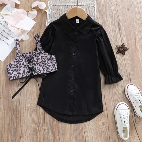 1-5Years Autumn Fashion Children Girls Clothing Sets Single-breasted Shirts Long Dress+Leopard Print Bandage Vest Tops Outfits