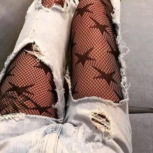 Fashion Cool Star Print Fishnet Tights Hollow Out Sexy Mesh Tights Punk Pattern Tights Black Women Tights elastic pantyhose