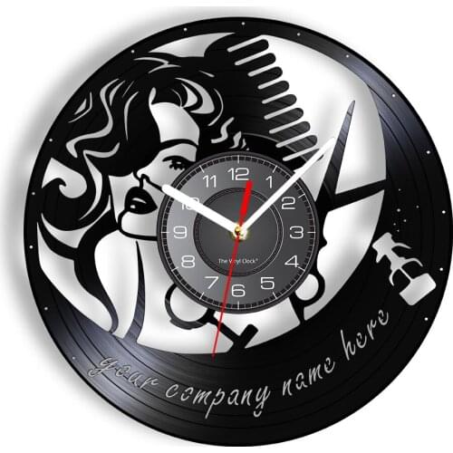 Hair Salon Personalized Name Wall Clock Custom Logo Vinyl Record Wall Clock Barber Shop Retro Clock Timepieces Hair Stylist Gift