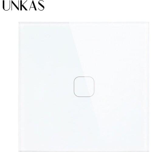 UNKAS 1 Gang 1 Way Wall Touch Switch White Crystal Glass Switch Panel EU/UK Standard 220-250V Waterproof Switch