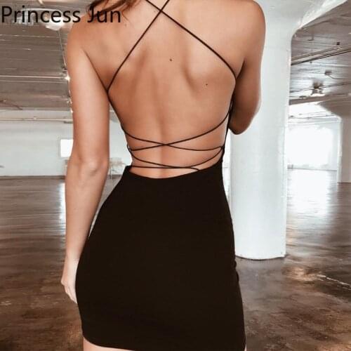 New Sexy Summer Retro Solid Black Suspender Dress Retro Strap Halter Sexy Backless Bodycon Mini Dress Small Girl Slim Club Dress