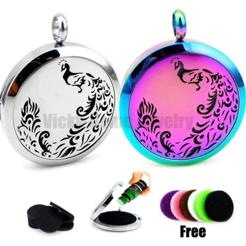 New Arrival Peacock (30mm) Aromatherapy / Essential Oils Diffuser Locket Necklace with Pads Stianless Steel Auto Aroma Locket