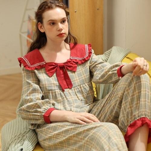 Autumn/winter Cotton Plaid Pajamas for Women Long-sleeved Trousers Two-piece Home Clothes Thin Sweet Girl Retro Style Sleepwear