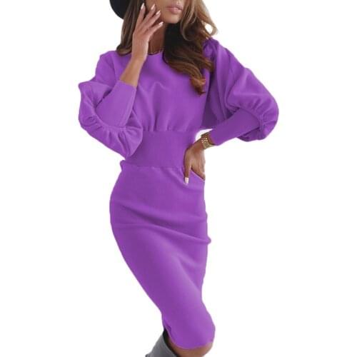 Women Clothing Solid Slimness High Elastic Waist Fashion Spring Dress Long Sleeve Casual Vestidos Plus Size Purple Midi Dresses