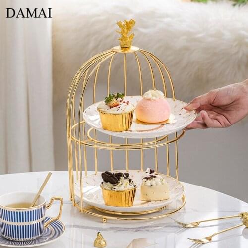 Gold Inlay Coral Birdcage Cake Stand Nordic Double Layer Dessert Pastry Display Tray Desktop Decorative Candy Dried Fruit Plates