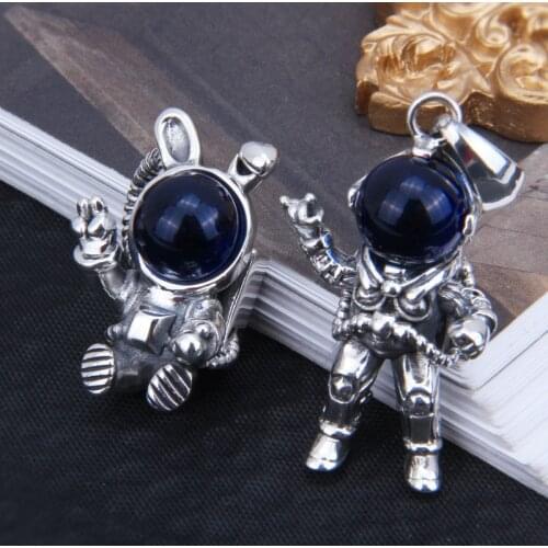 Real solid 925 sterling silver inlaid with blue zircon astronaut men and women pendant Thai Silver Astronaut Pendant Jewelry