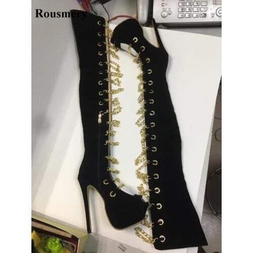 Women Sexy New Fashion Open Toe Black Suede Leather Gold Chain Design Over Knee Gladiator Platform Boots Cut-out High Heel Boots