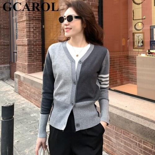 GCAROL Women V Neck Contrast Color Spliced Cardigan Preppy Four Bar Sleeve Single Breasted Knitted Sweater Spring Autumn Winter