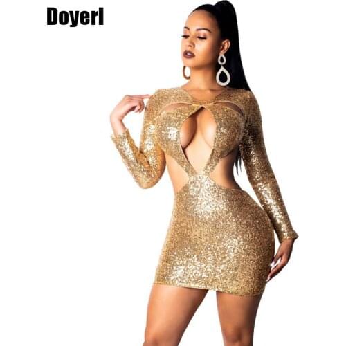 2021 Women Gold Sparkly Sequin Dress Long Sleeve Hollow Cut Out Open Back Shiny Mini Dress Glitter Bodycon Club Party Dresses