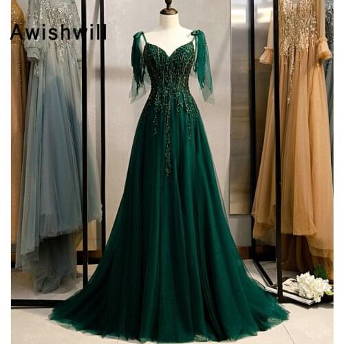 New Fashion 2020 Emerald Green Long Evening Dresses Spaghetti Strap Beadings Appliques Tulle Lace-up Back Formal Gown Prom Dress