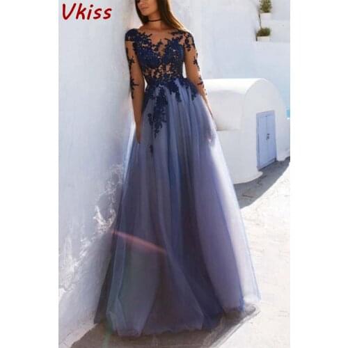 Blue Scoop Neck Tulle Long Maxi Prom Dresses Formal Party Robe De Soiree Long Sleeves Illusion Appliques Vestido Evening Gowns