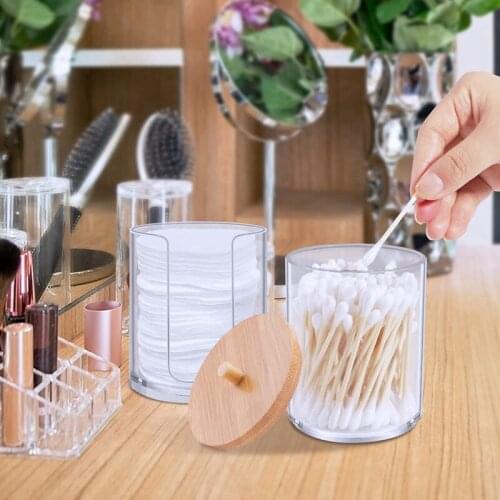 2PCS Cosmetic Cotton Storage Tank Acrylic Cosmetic Storage Box With Bamboo Cover Portable Container