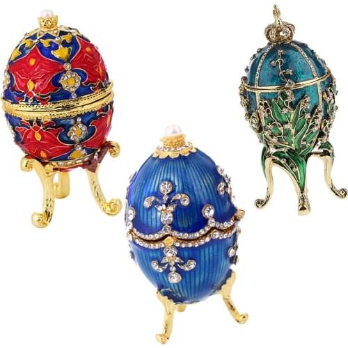 3 Pieces Crystal Easter Faberge Egg Jewelry Box Earrings Russian Trinkets Case