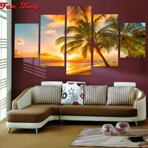 5pcs Diamond Painting Sunset/Beach/Coconut Tree/Seascape Pictures Of Rhinestones,Full square round Diamond Embroidery Decoration