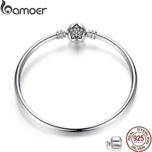 BAMOER Authentic 100% 925 Sterling Silver Snake Chain Bracelet & Bangle Pave Star Cubic Zirconia CZ DIY Jewelry