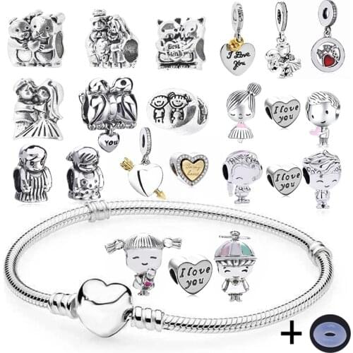 Valentines Day Series Boy & Girl Charms Bracelets With Silver Plated Beads Heart Chain Bracelet For Girlfriend Women Jewelry