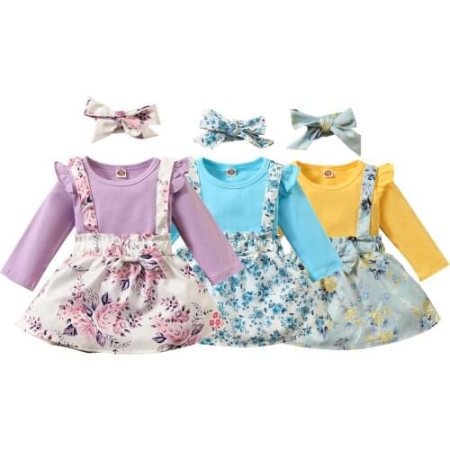 Citgeett Spring Toddler Baby Girls Skirts Outfits Long Sleeve Shirt Top + Suspender Floral Printed Skirt + Bowknot Headband Set