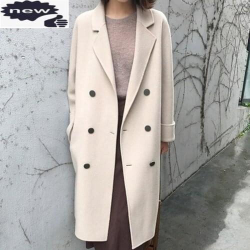 Elegant Beige Women Woolen Coat Autumn Winter Double-Faced Cashmere Outerwear OL Style Fashion Single Breasted Loose Overcoat