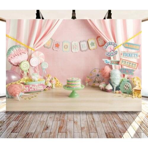 One Birthday Party Photo Background Pink Theme Birthday Cake Backdrop Props Ice Cream Backgrounds Colorful Lollipops