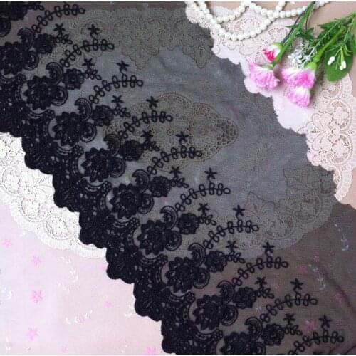 Hot Sale 3 Meters 25cm Width Wholesale Black Delicate High Qualtiy Embroidered Flower Tulle Lace Trim Fabric