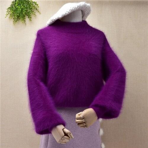 Korean female women short style winter thick mink cashmere turtleneck long sleeve loose pullover angora rabbit fur winter jumper
