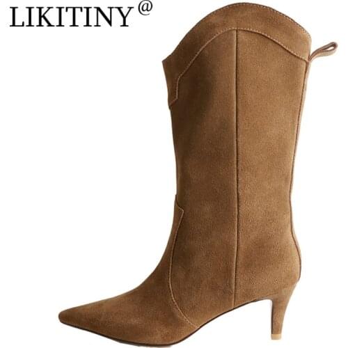 LIKITINY 2021 Spring Autumn Pointed toe Womens shoes Brown Suede Slip-on square heels pointed toe med Half boots Big size 40