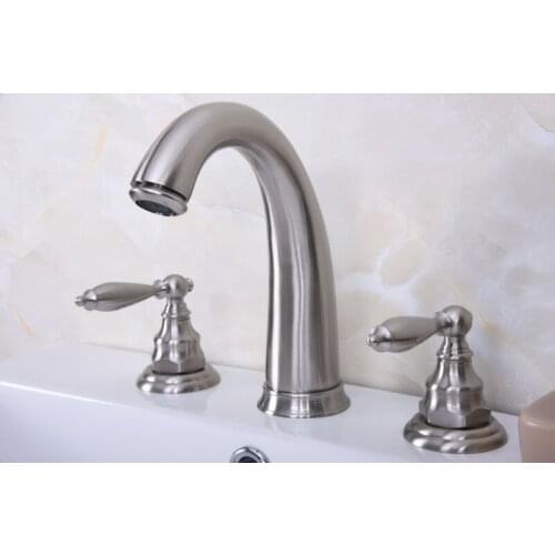 Brushed Nickel Brass Widespread Deck-Mounted Tub 3 Holes Dual Lever Handles Kitchen Bathroom Tub Sink Basin Faucet Tap mbn015