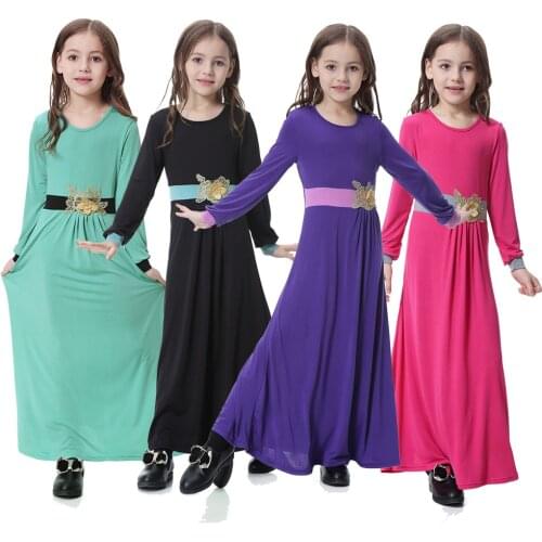 Bowknot Muslim Traditional Islamic Abaya For Kid Girl Turkish Arabic Eid Mubarak Gown Malaysian Clothing Praying Dress Purple