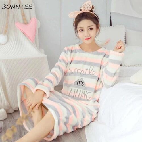 Nightgowns Women Coral Velvet Printed Korean Style Leisure Daily Womens Student Loose Kawaii Elegant New Soft Comfortable Warm