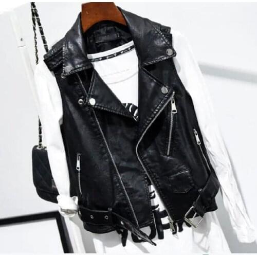 New Motorcycle Leather Vest Women Leather Clothing 2021 Autumn Womens Vests Short Slim Lady Outerwear Black