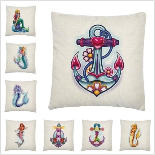 Mermaid Anchor Butterfly Footprint Logo Linen Cushion Cover Pillow Case for Home Sofa Car Decor Pillowcase 45X45cm