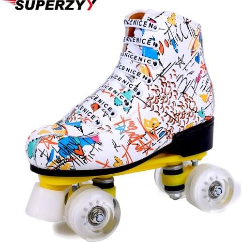 Printing Artificial Leather Roller Skates Man Woman Outdoor Skating Shoes 4-Wheel Patines Zapatos Con Patines Europe Size 35-45