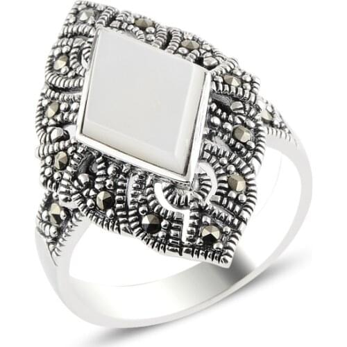 Silver 925 Sterling Pearl & Marcasite Ring