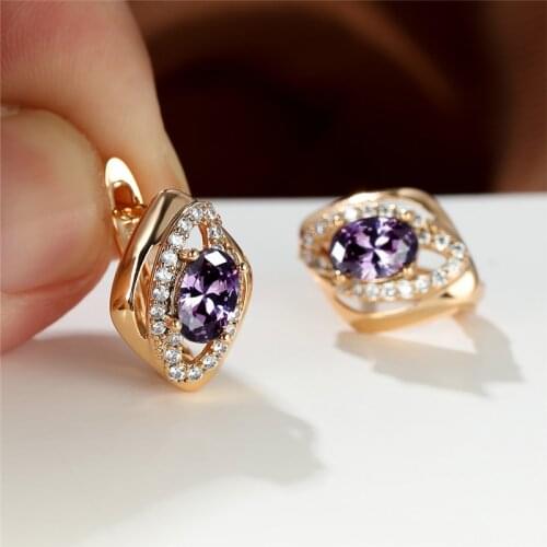Purple Crystal Oval Stone Hoop Earrings Geometric Zircon Small Earrings Charm Rose Gold Color Wedding Earrings For Women Jewelry