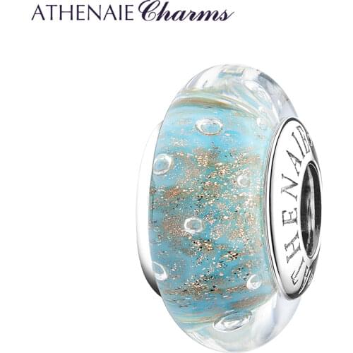 TOP Quality Light Blue Gold Sands Bubble Murano Glass Beads Fit Original ATHENAIE 925 Silver Charm Bracelet European DIY Jewelry