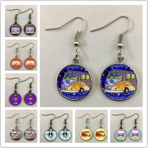 Vintage Blue-Red-Yellow Hippie Peace Van Bus Photo Drop Earrings Retro Beach Bus Car Collectors Bus Peace Sign Jewelry For Women