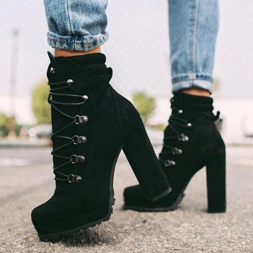 2021 Women Flock Rivet Square High Heels Ankle Boots Female Autumn Fashion Lace-Up Shoes Ladies Elegant Sexy Footwear Big Size