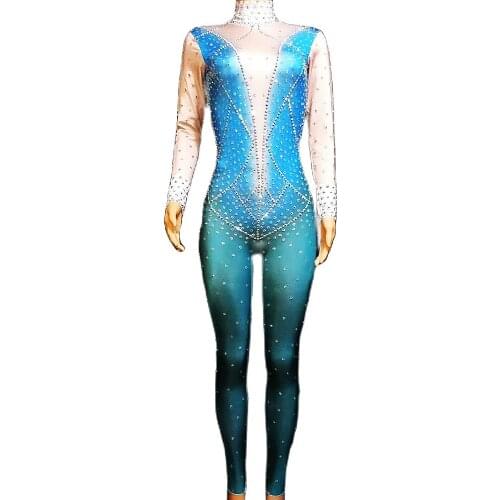Shining Diamonds Long Sleeve Women Nightclub Singer Performance Jumpsuits Blue Tight Stretch Bodysuits Pole Dancing Costumes