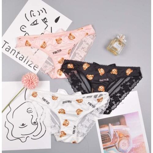 Cartoon Printed Womens Panties Low Waist Lace Ruffled Kawaii Cute Bear Print Briefs Fashion Female Lady Underwear