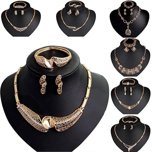 Womens Waterdrop Hollow Statement Collar Necklace Ring Earrings Bracelet Set