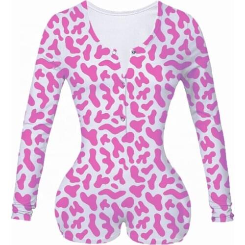 Ladies Sexy Short Sleeves Pink Print Valentines Day Overalls Lingerie One Piece Bodysuit Long Sleeve Bodycon Rompers Pajama
