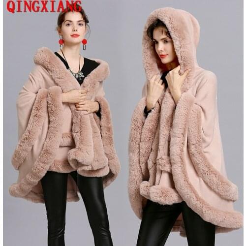 2019 Women Two Layer Fur Poncho With Hat Faux Fox Fur Cape Big Pendulum Dovetail Cardigan Winter Shawl Warm Thick Coat