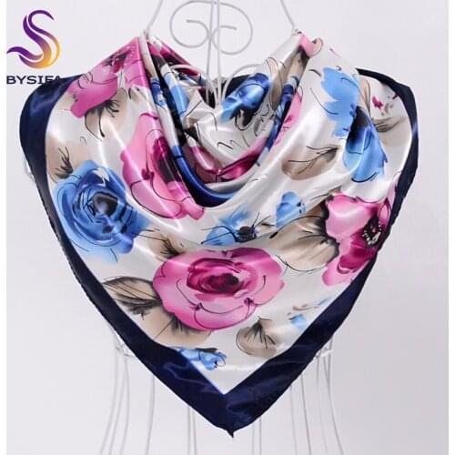 [BYSIFA] New Winter Satin Square Scarves Muslim Headscarves For Women 90*90cm Spring Autumn Seven Color Flower Silk Scarf Shawl