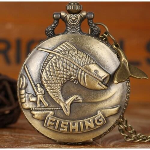 Delicate Carved Fish Quartz Pocket Watch Punk Fishmen Fishing Necklace Pendant FOB Chain Clock for Men with Fish Tail Accessory