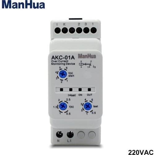 ManHua Din Rail Current Protection Relay AKC-01A 220V 0.5-5A Over current monitoring device Start-up delay 1-6 sn
