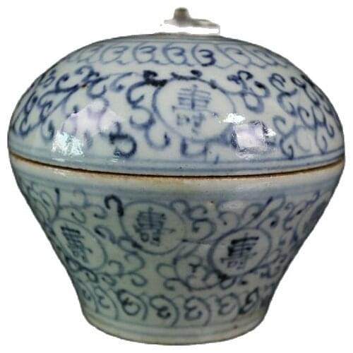 Jingdezhen Porcelain, Blue and White Shou Character Pattern Lid Porcelain Collection