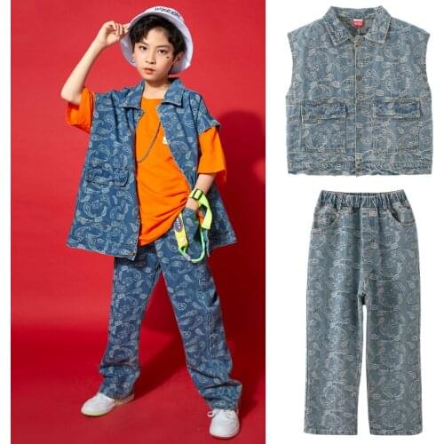 Boys Hip-Hop Suit Summer ChildrenS Printing Denim Vest Shorts Hip-Hop Dance Costumes Jazz Performance Street Dance Wear DN8429